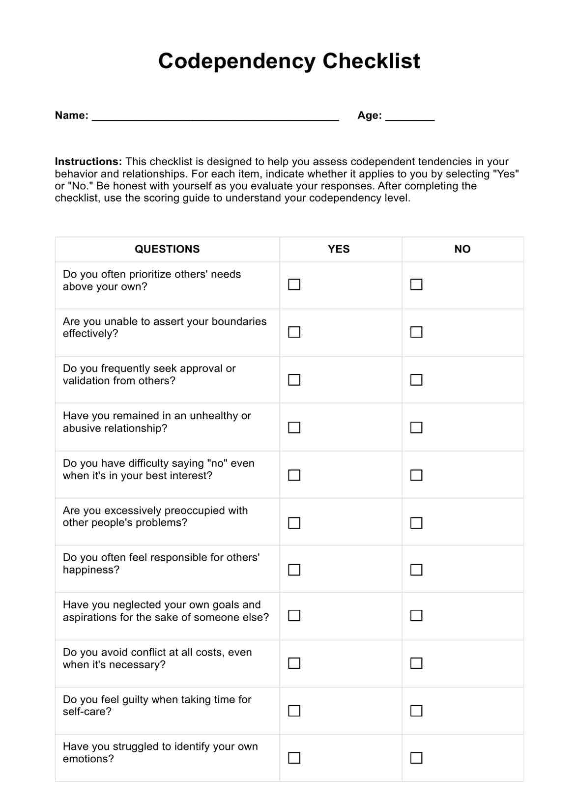 Codependency Checklist U0026 Example Free PDF Download