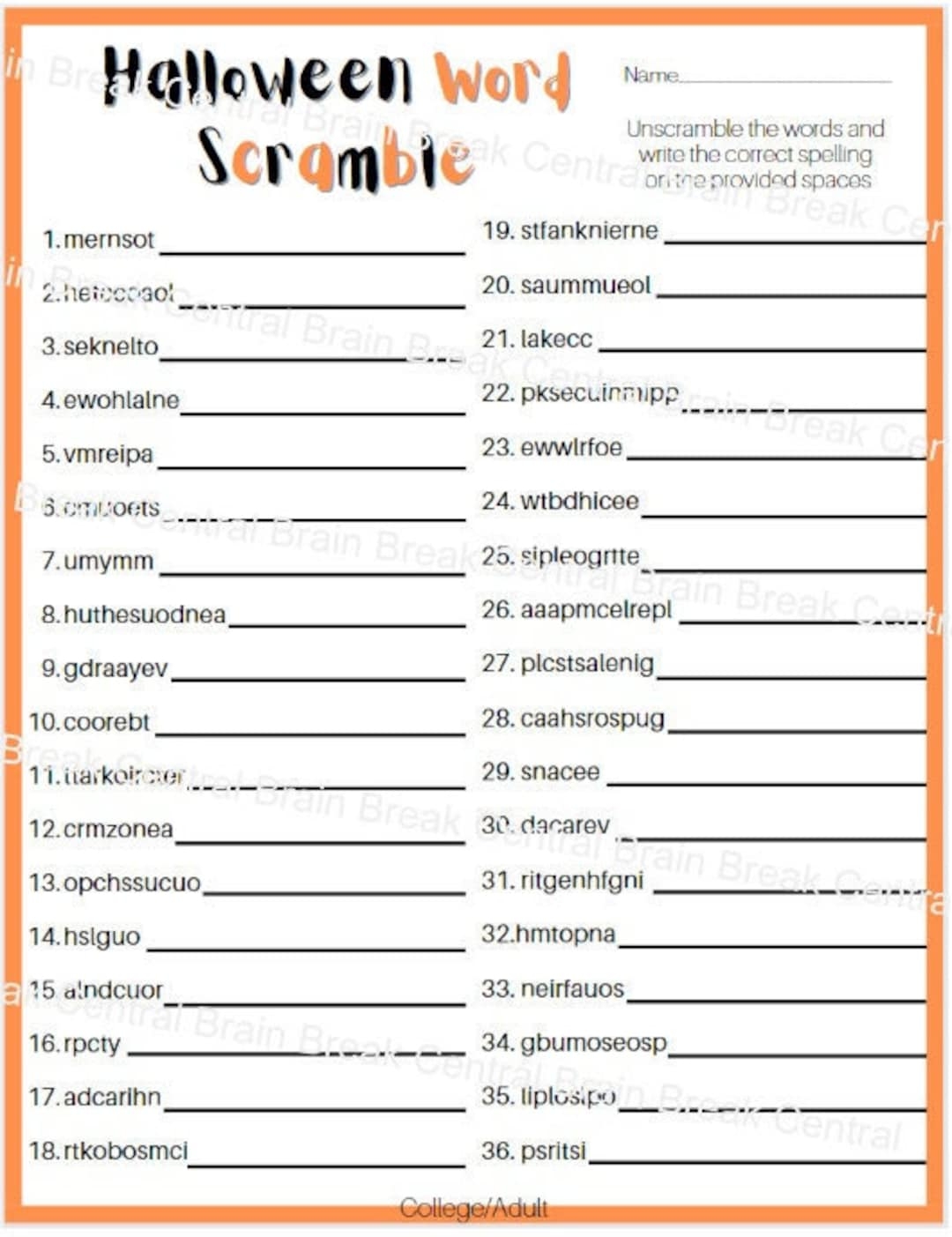 College adult Halloween Word Scramble Worksheet With Answer Key Printable Etsy College adult Halloween Word Scramble Worksheet With Answer Key Printable Etsy