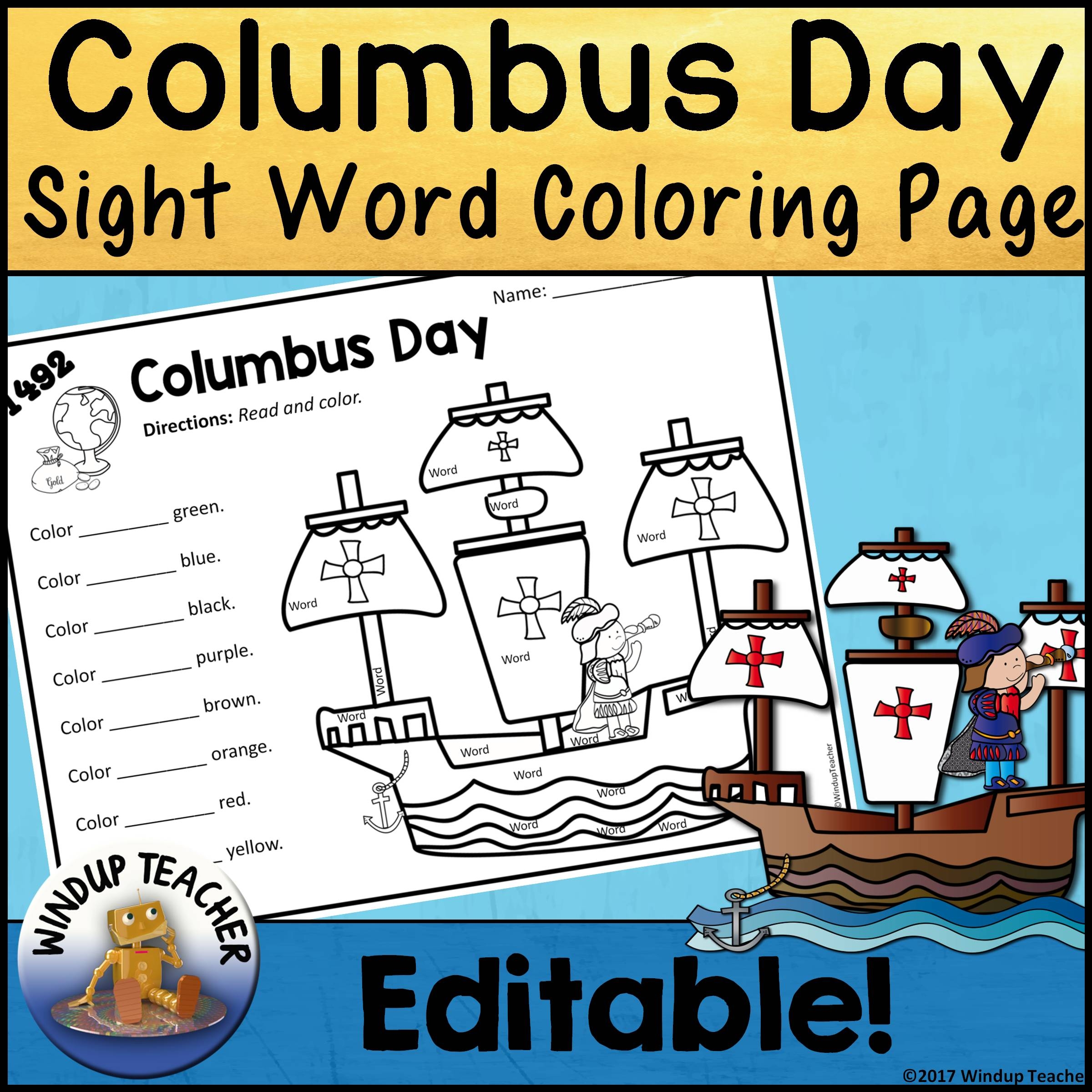 Columbus Day Sight Word Printable Activity Sheet Editable 