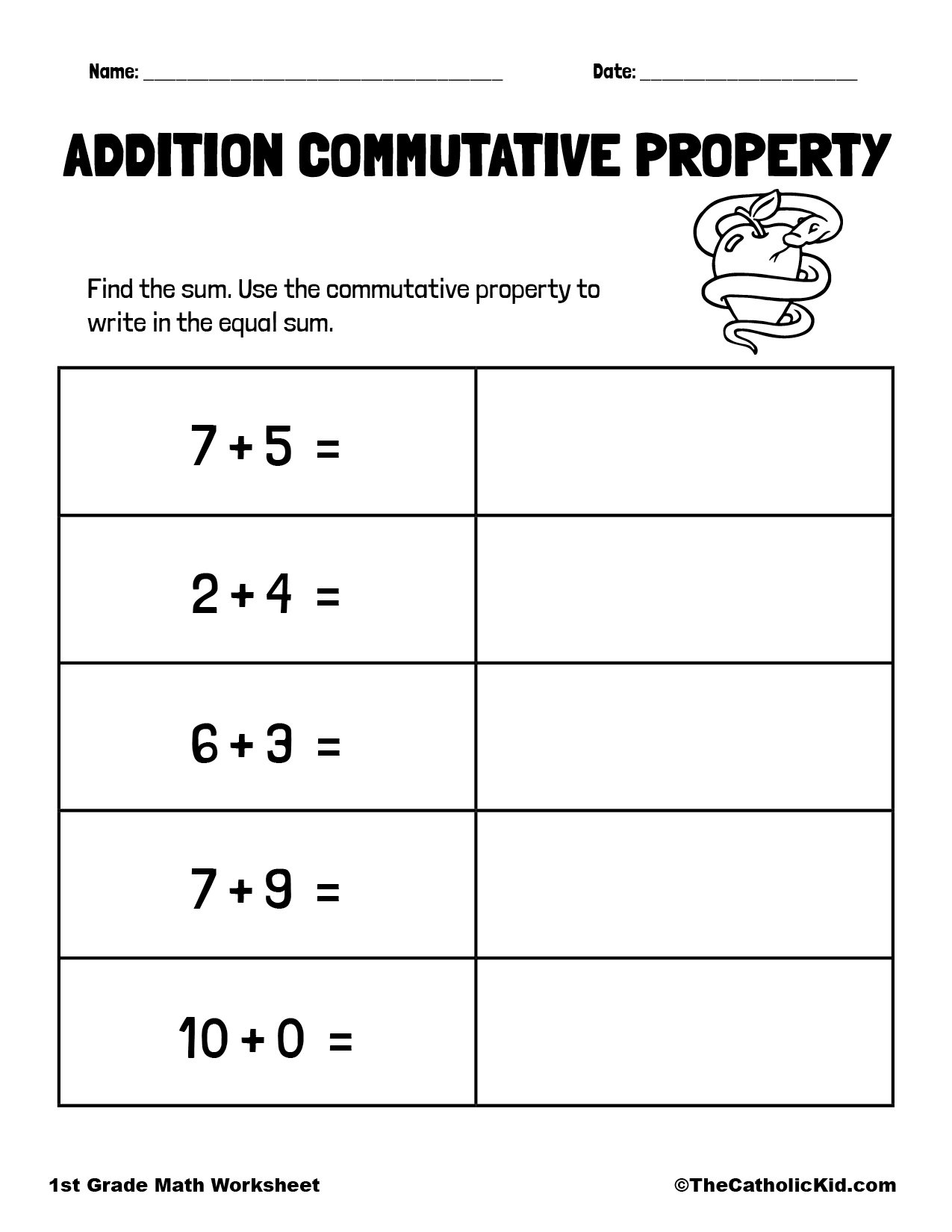 Commutative Property 1st Grade Math Worksheet Catholic 