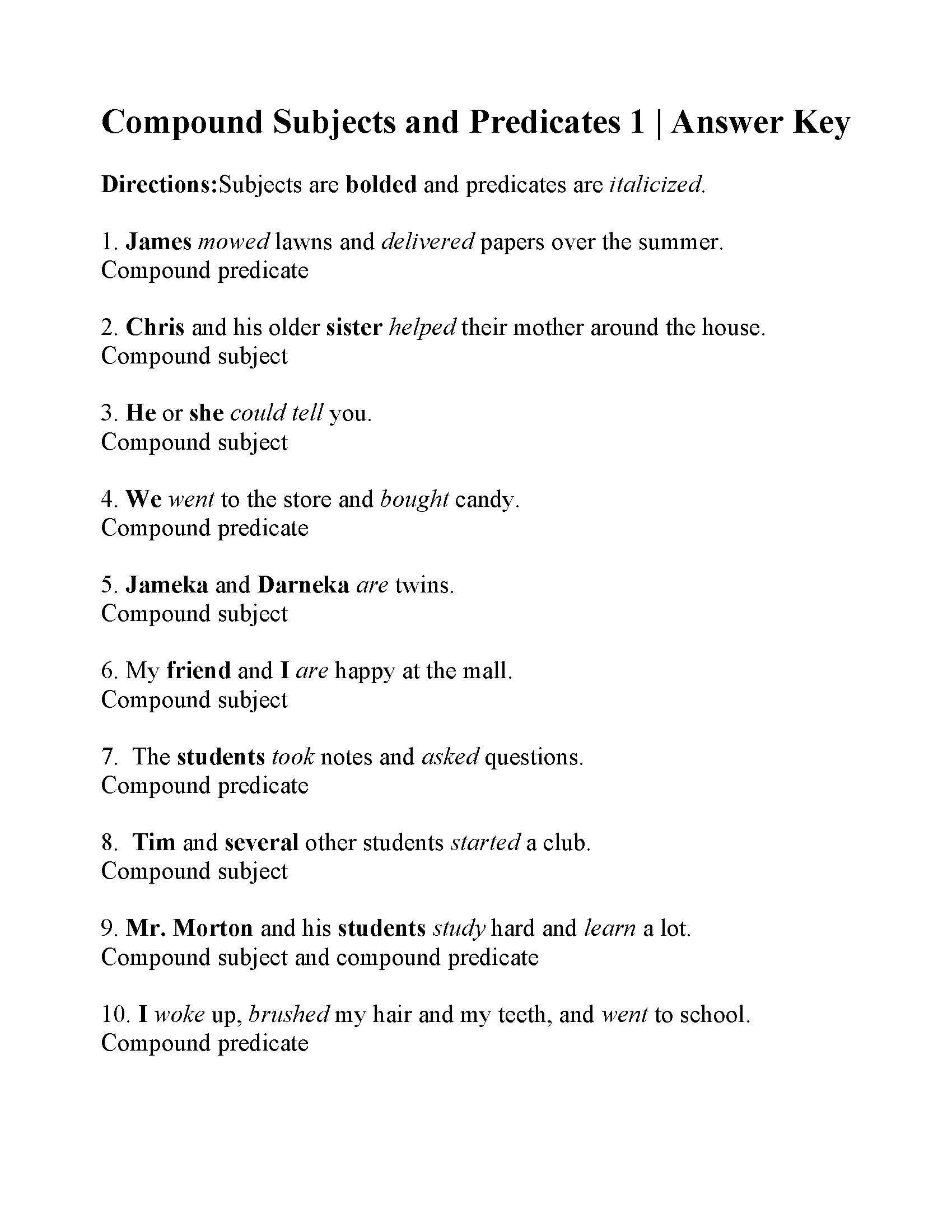 Compound Subjects And Predicates Worksheet Sentence Structure 