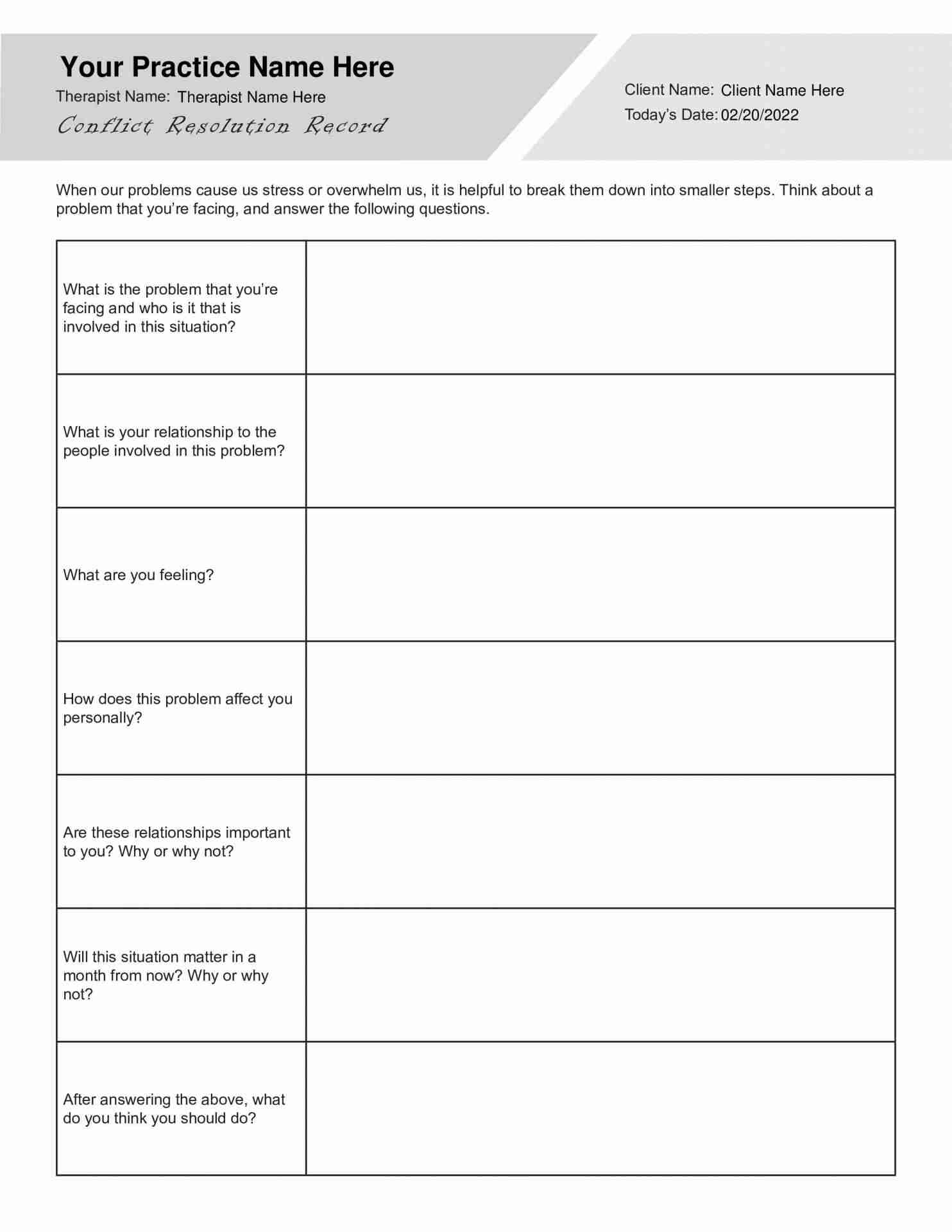 Conflict Resolution Record Worksheet Editable Fillable Printable PDF Conflict Resolution Record Worksheet Editable Fillable Printable PDF