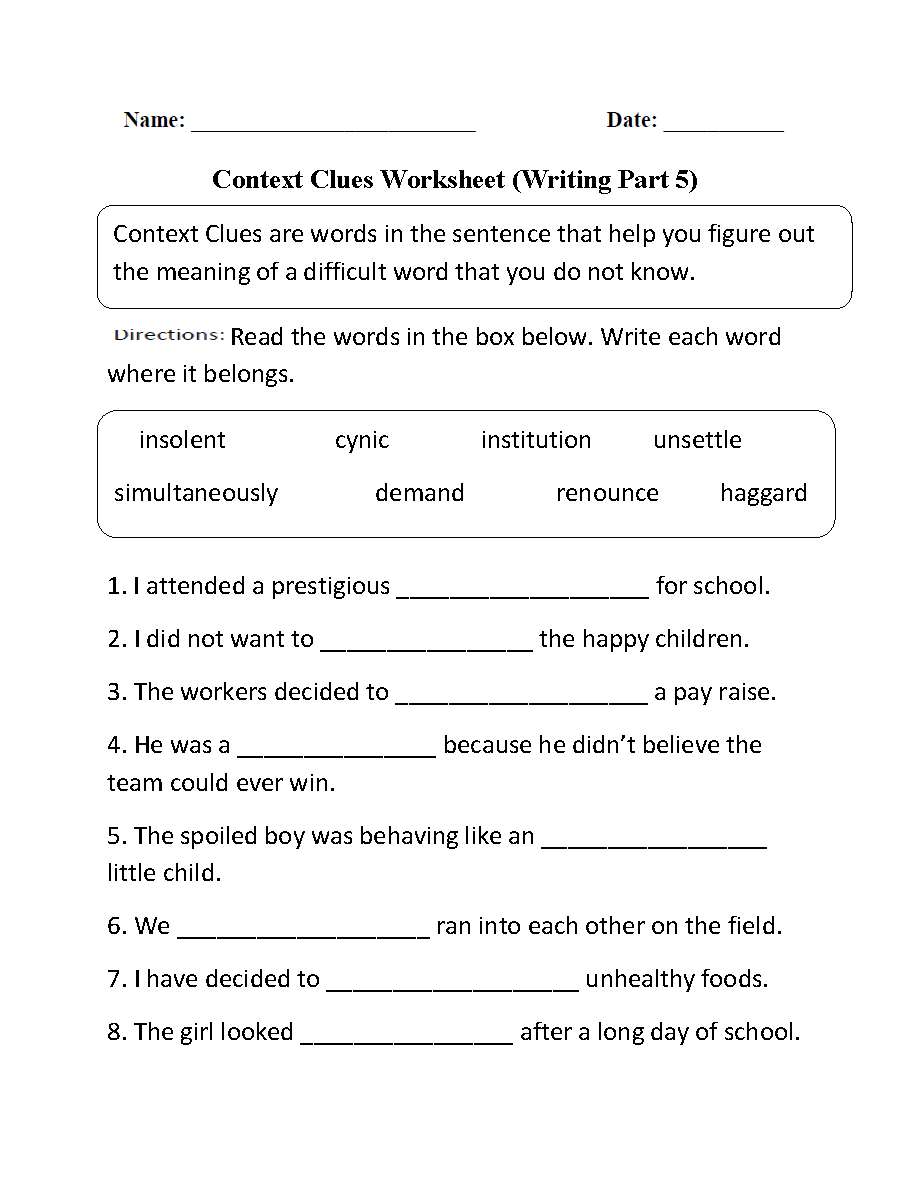 Context Clues Worksheets Context Clues Worksheet Writing Part 5 Intermediate