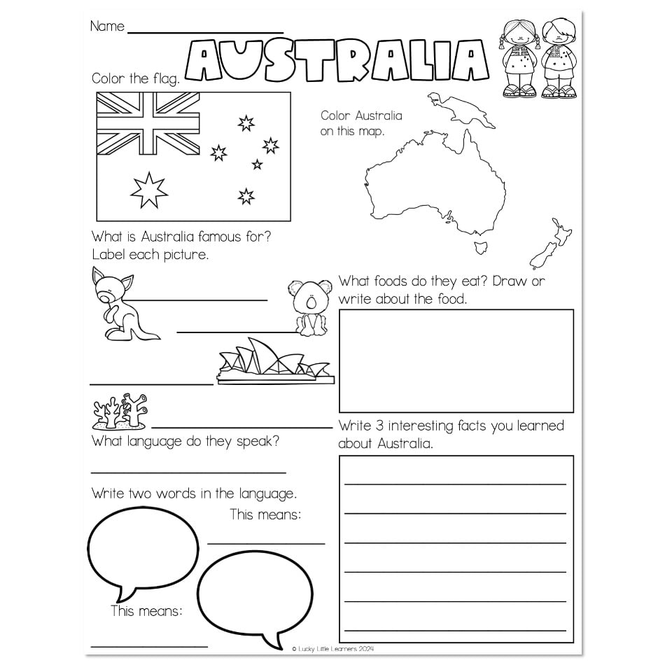 Country Study Australia Information Worksheet Lucky Little