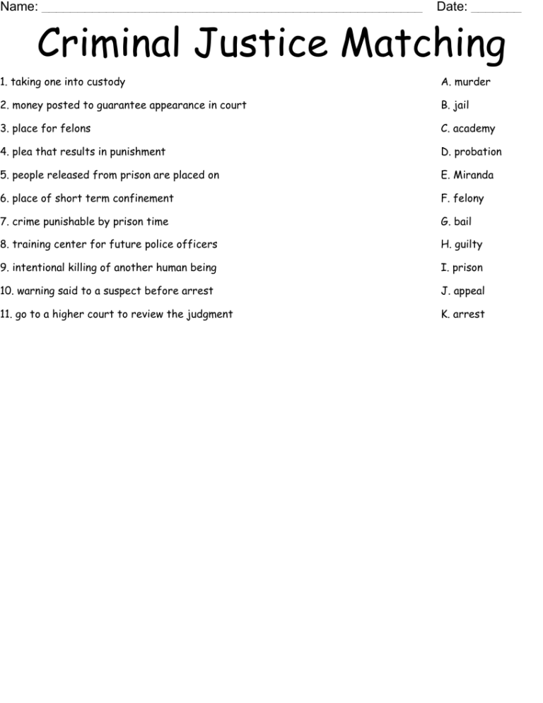 Criminal Justice Matching Worksheet WordMint