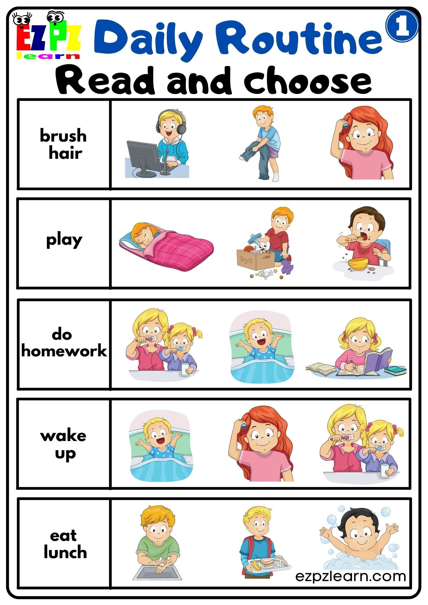 Daily Routines Group 1 Read And Choose Worksheet For K5 And ESL Students Free PDF Download Ezpzlearn