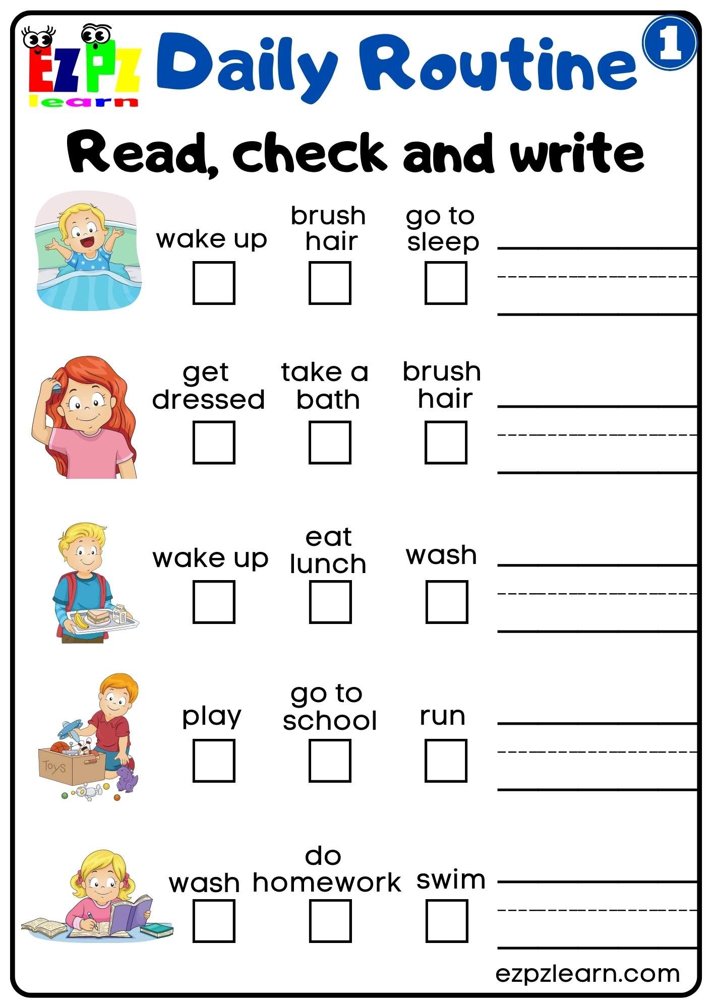 Daily Routines Group 1 Read Check And Write Worksheet For K5 And ESL Students Free PDF Download Ezpzlearn