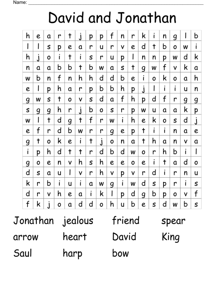 David And Jonathan Word Search WordMint