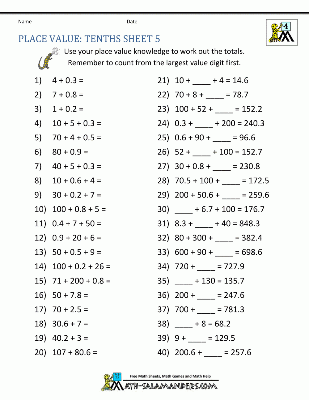 Decimal Place Value Worksheets 4th Grade