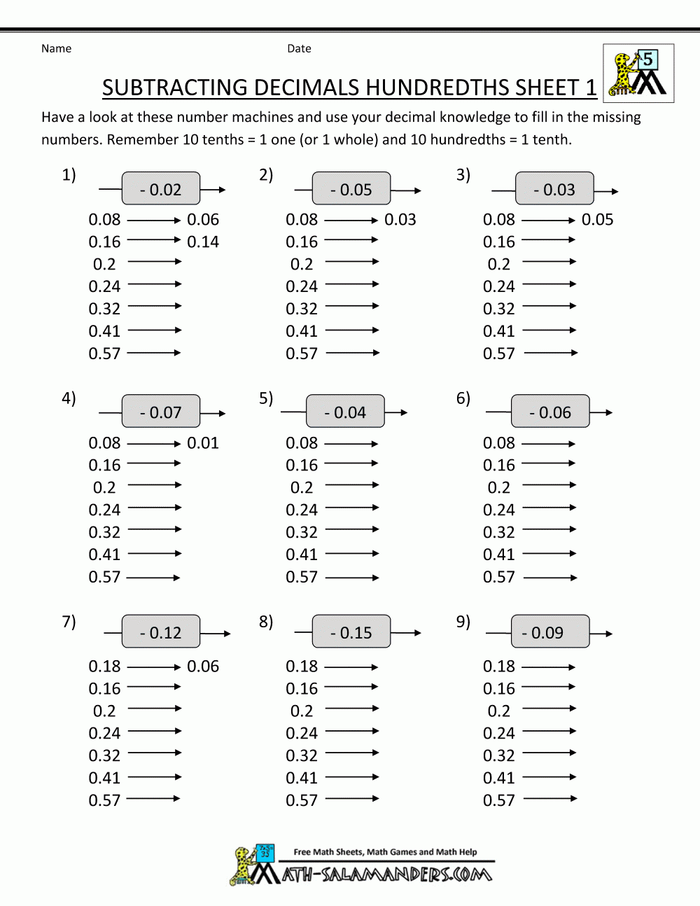 Decimals Math Workbook Addition Subtraction Multiplication 