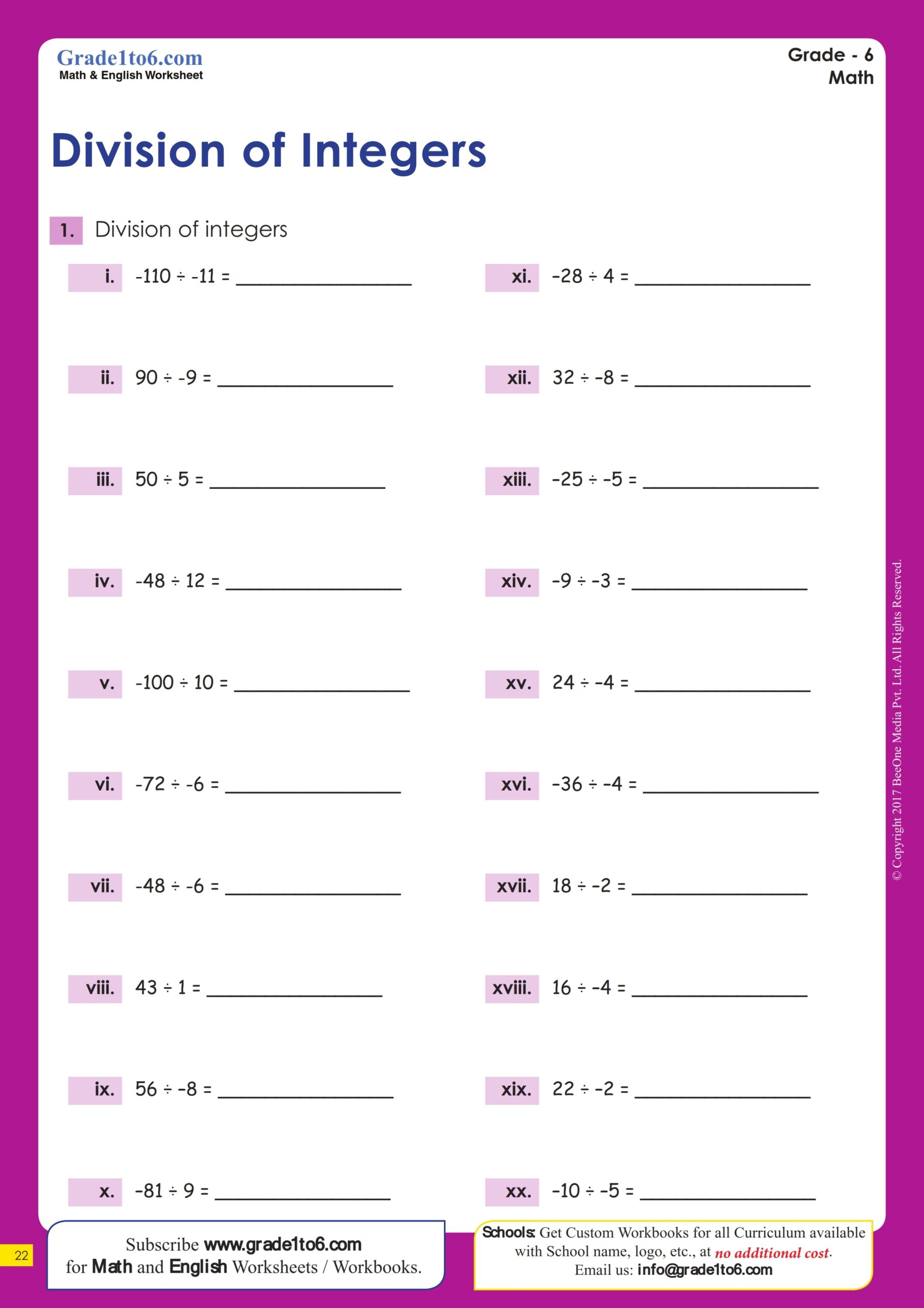 Free Printable Dividing Integers Worksheets Free Printable Dividing Integers Worksheets