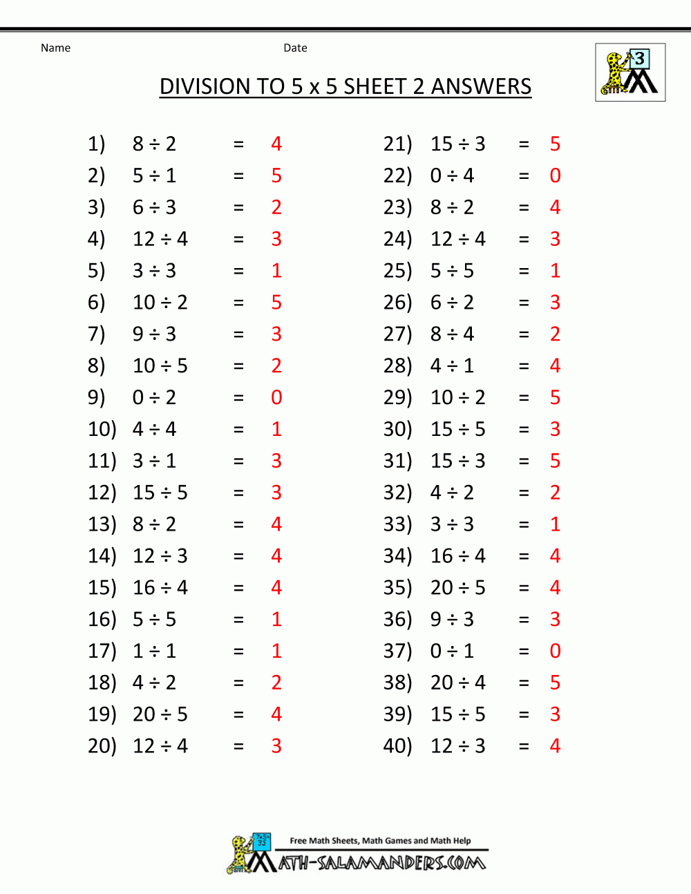 Division Facts To 5x5 Sheet 2 Answers