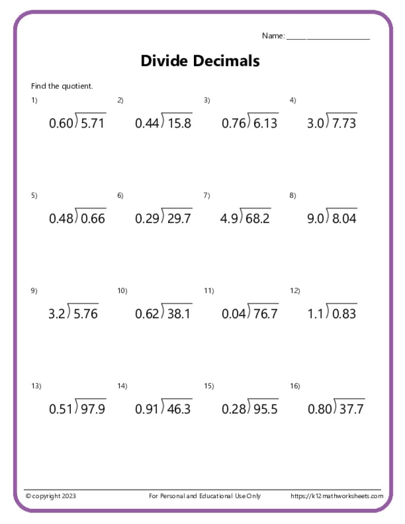 Division With Decimals Worksheets K12 Math Worksheets