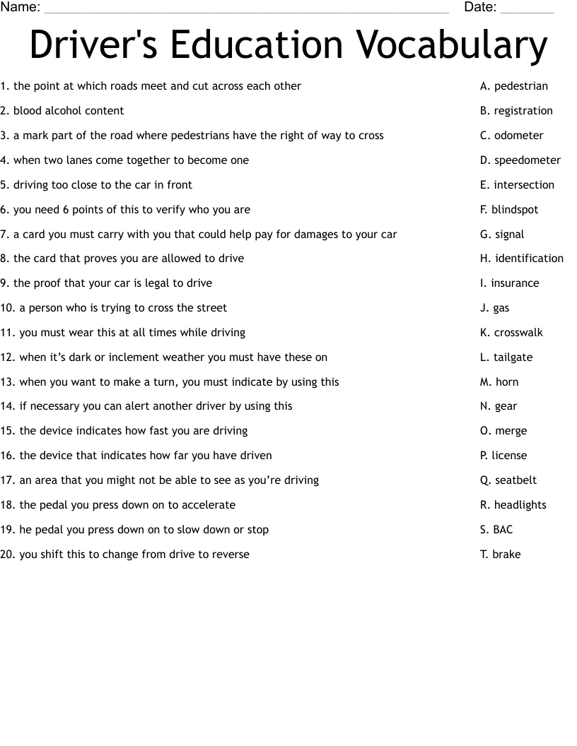 Driver s Education Vocabulary Worksheet WordMint Driver s Education Vocabulary Worksheet WordMint