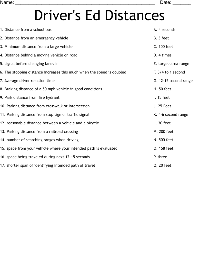 Drivers Ed Distances Worksheet WordMint Worksheets Library