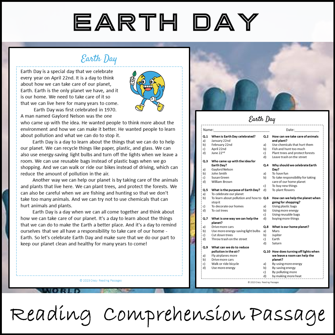 Earth Day Reading Comprehension Passage And Questions Printable  Earth Day Reading Comprehension Passage And Questions Printable