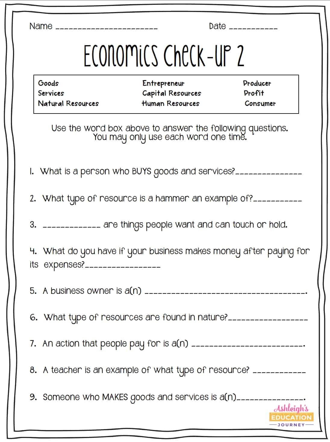 Free Printable Economics Worksheets High School