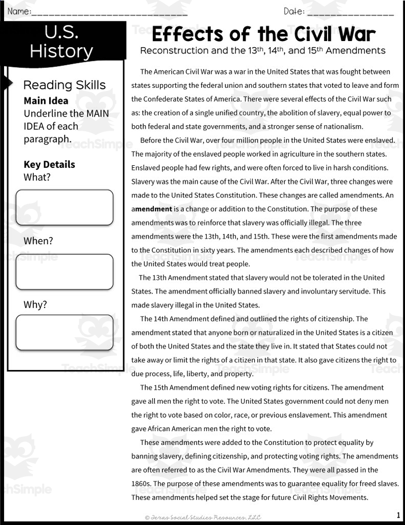 Free Printable American Civil War Worksheets
