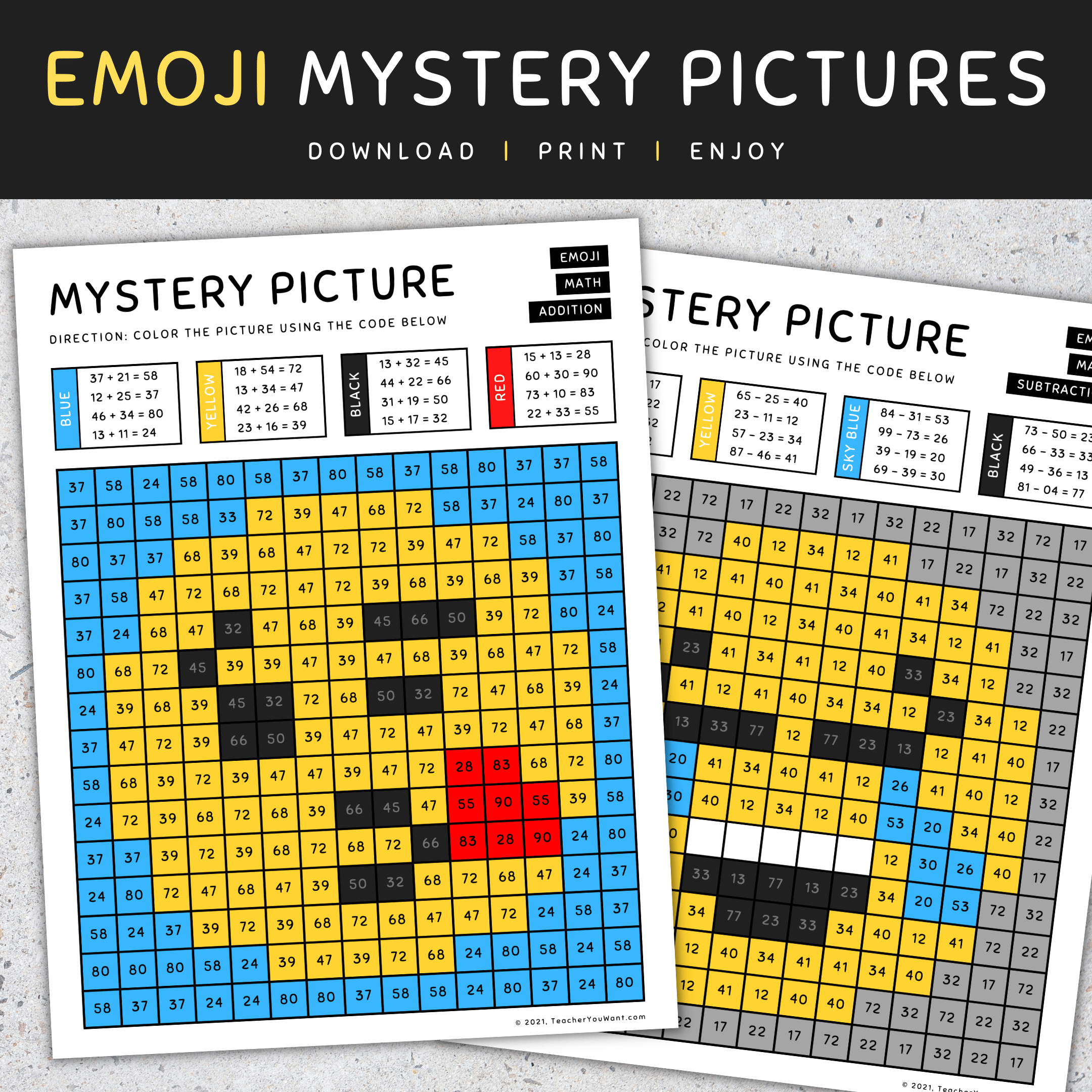 Emoji Mystery Picture Color By Number Addition And Subtraction 