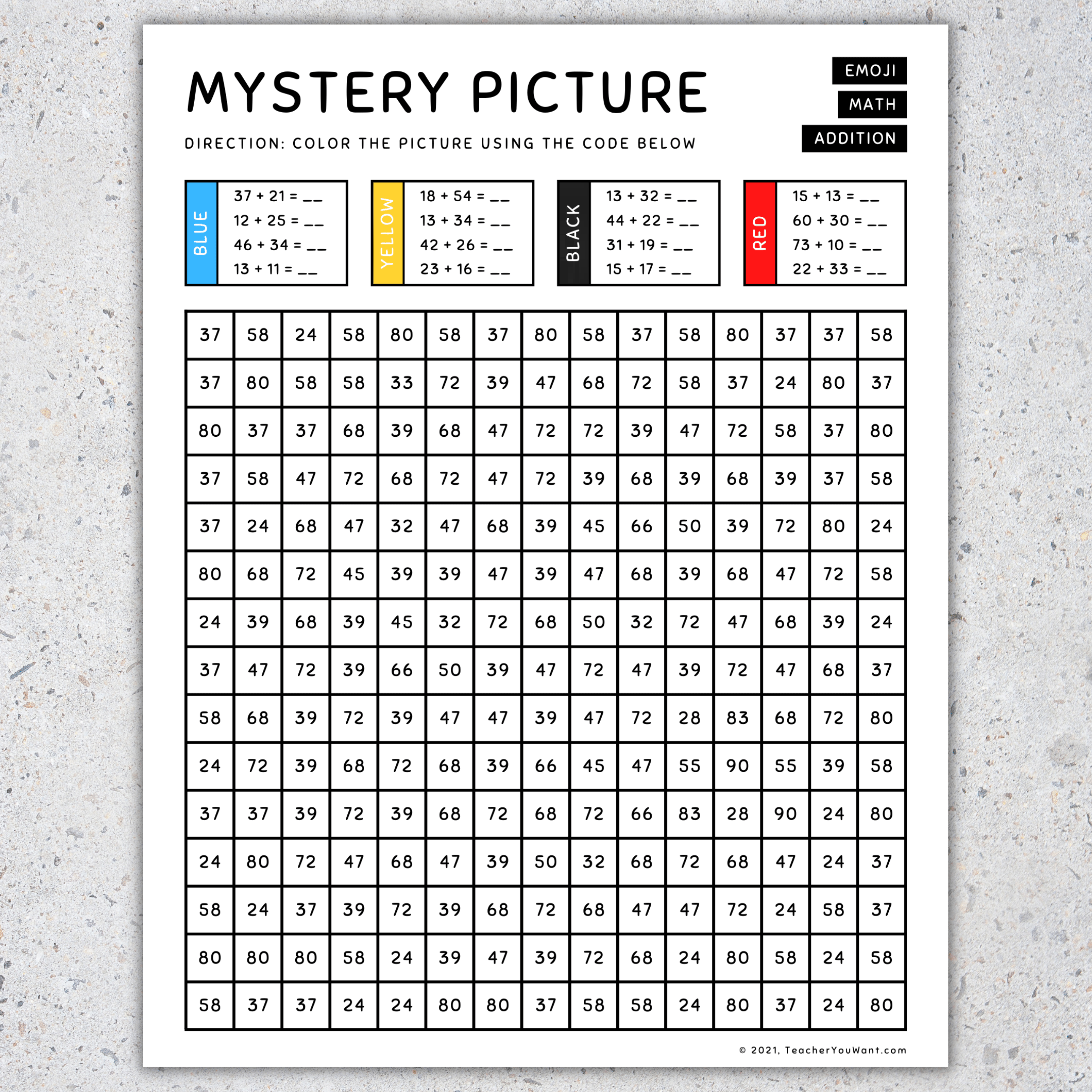 Emoji Mystery Picture Color By Number Addition And Subtraction 