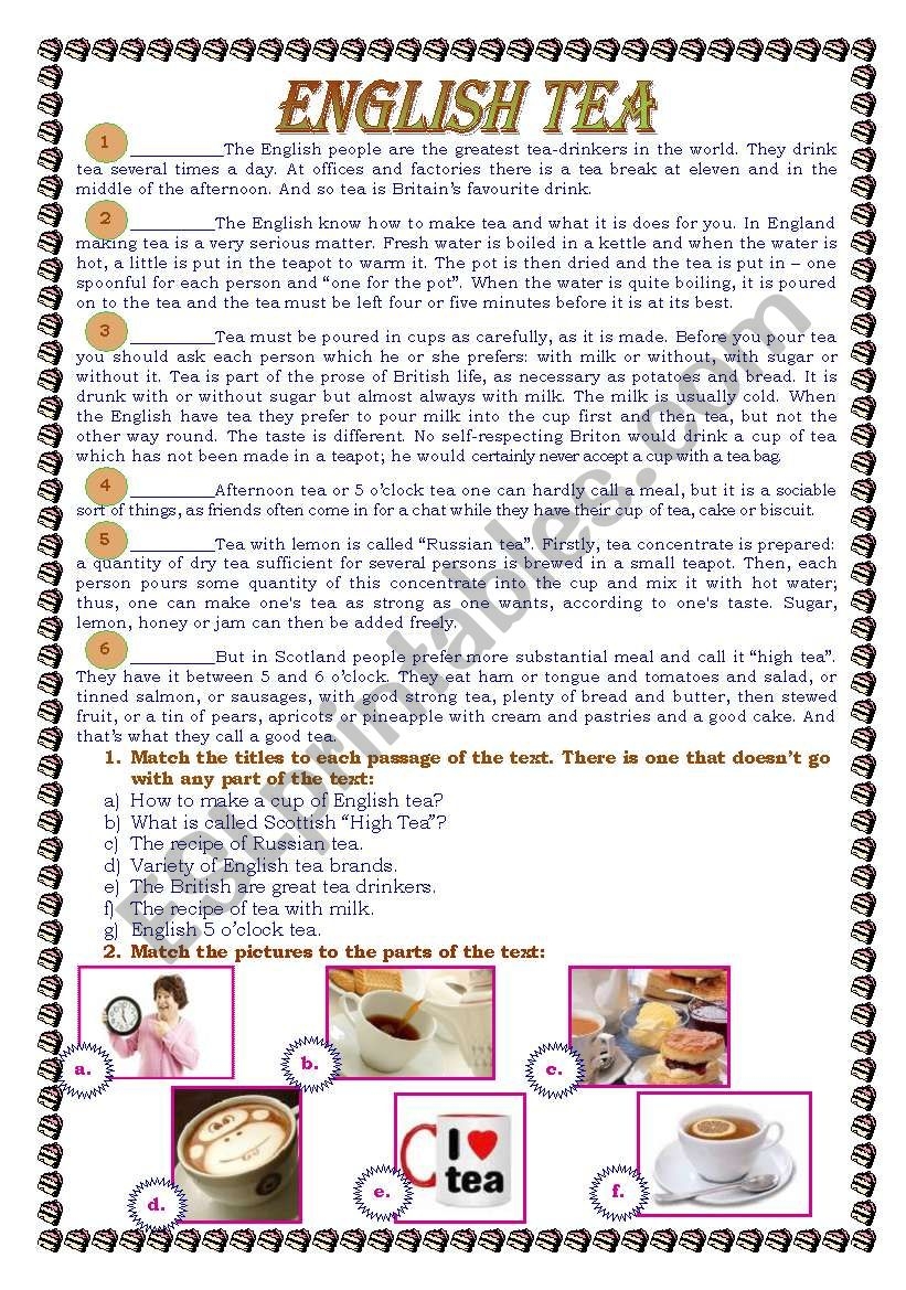 English Tea ESL Worksheet By Yuliya888