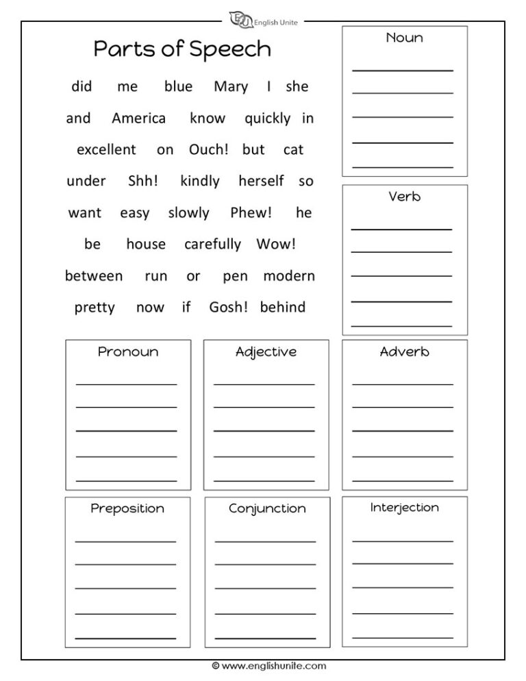 English Unite Parts Of Speech Worksheet