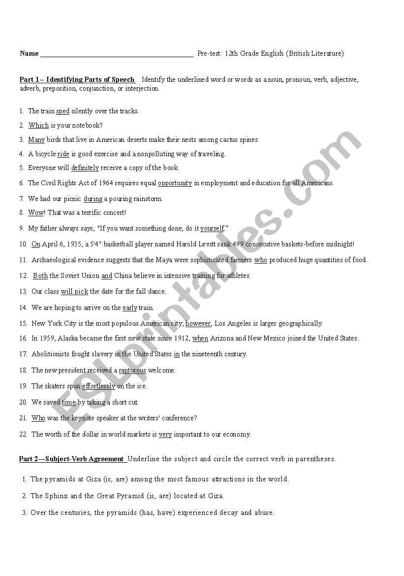 Free Printable 12th Grade English Worksheets Free Printable 12th Grade English Worksheets