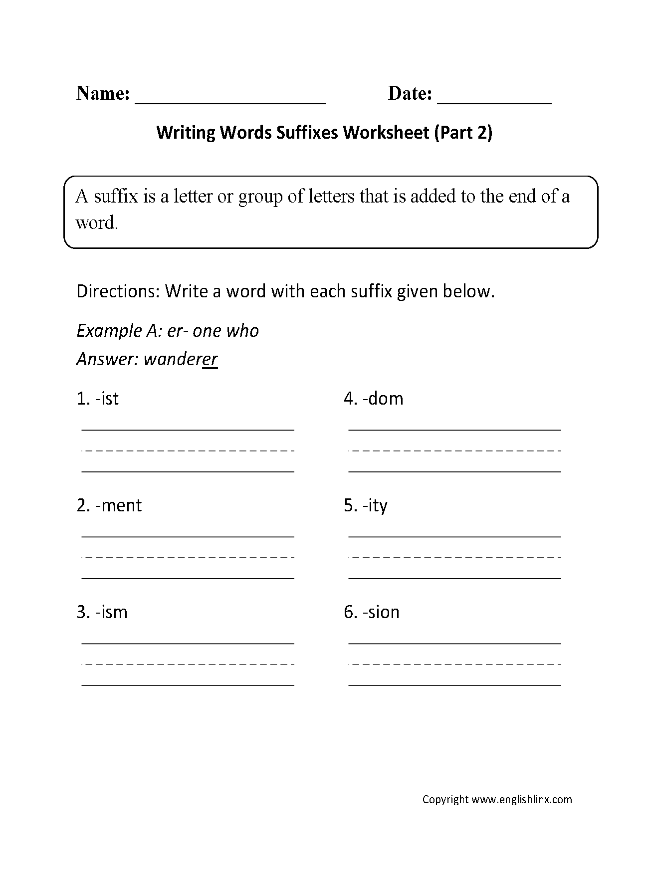 Free Printable Suffixes Worksheets
