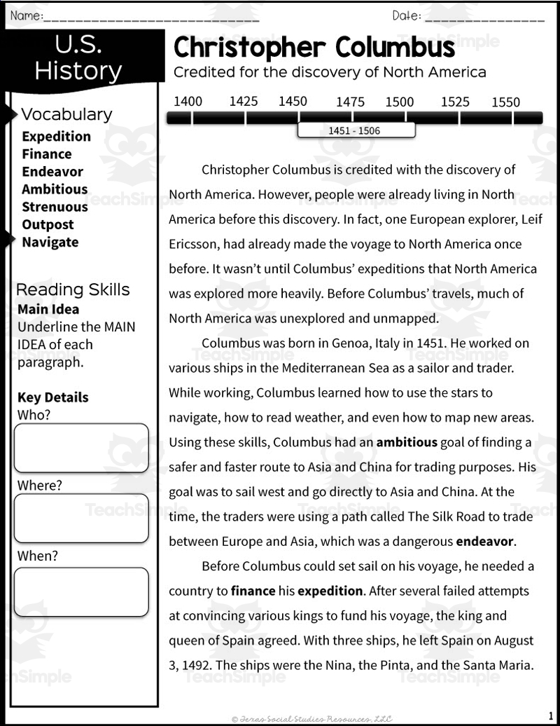 Free Printable Christopher Columbus Worksheets Pdf
