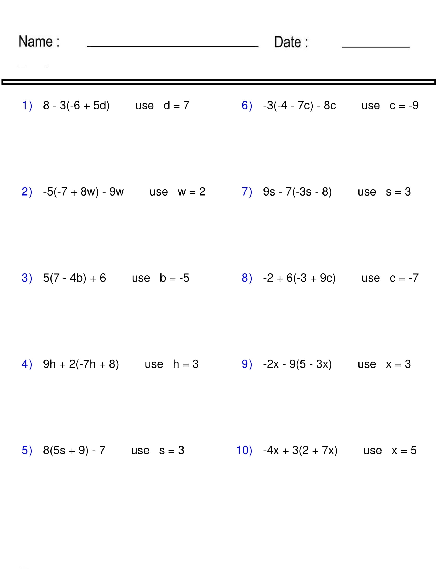 Evaluating Algebraic Expressions Worksheet One Variable Pre Algebra