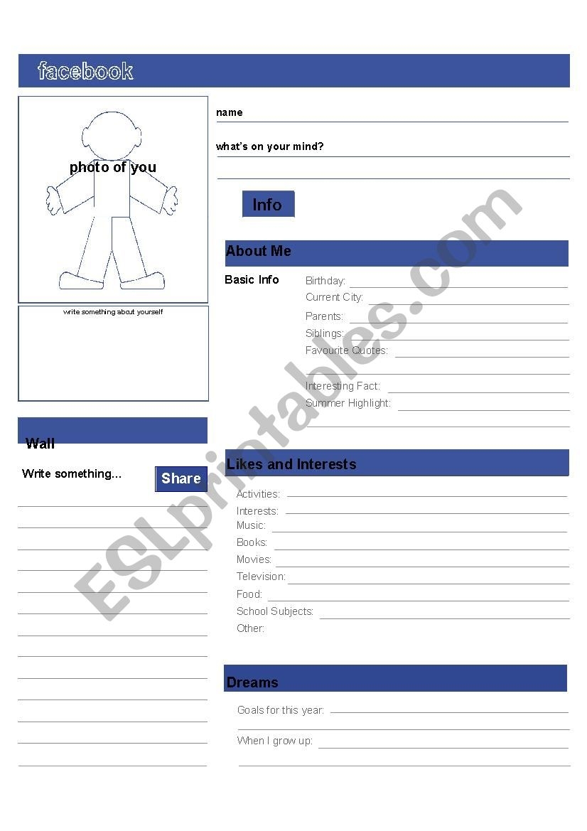 Facebook Profile ESL Worksheet By Fl via 