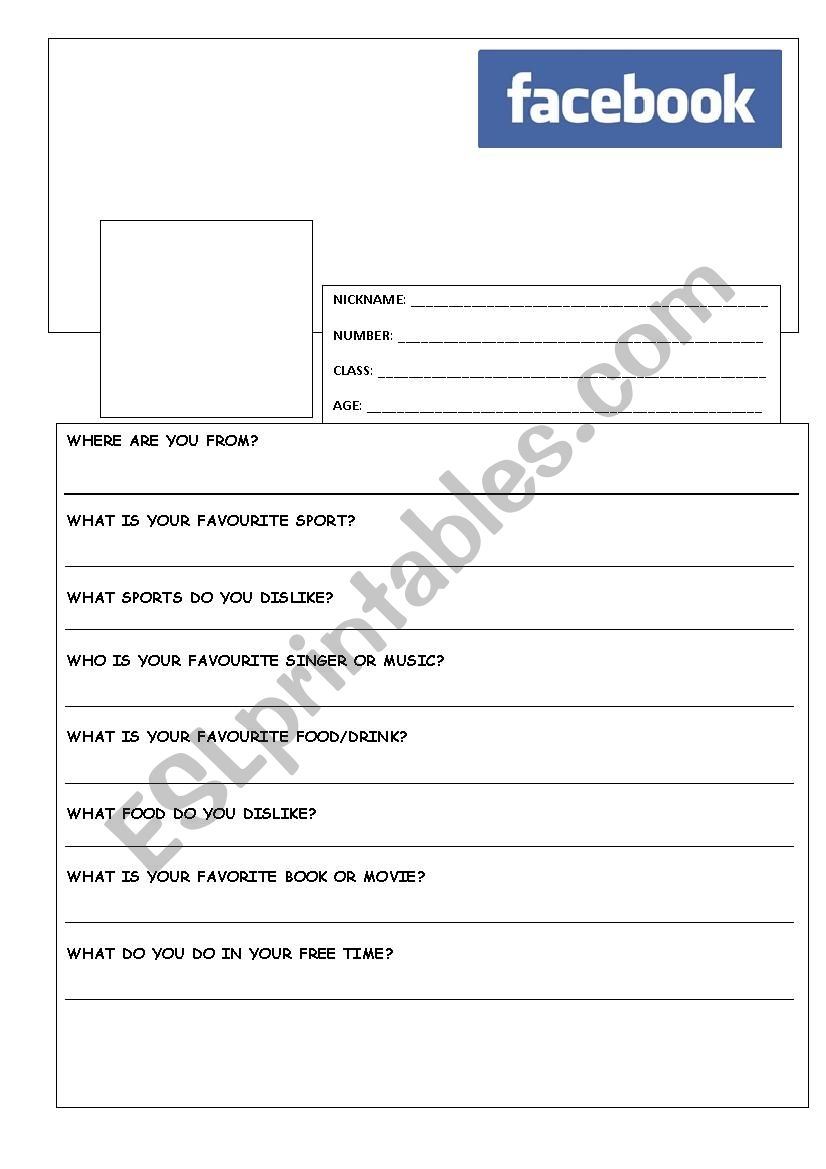 Facebook Template ESL Worksheet By Brigittebbb