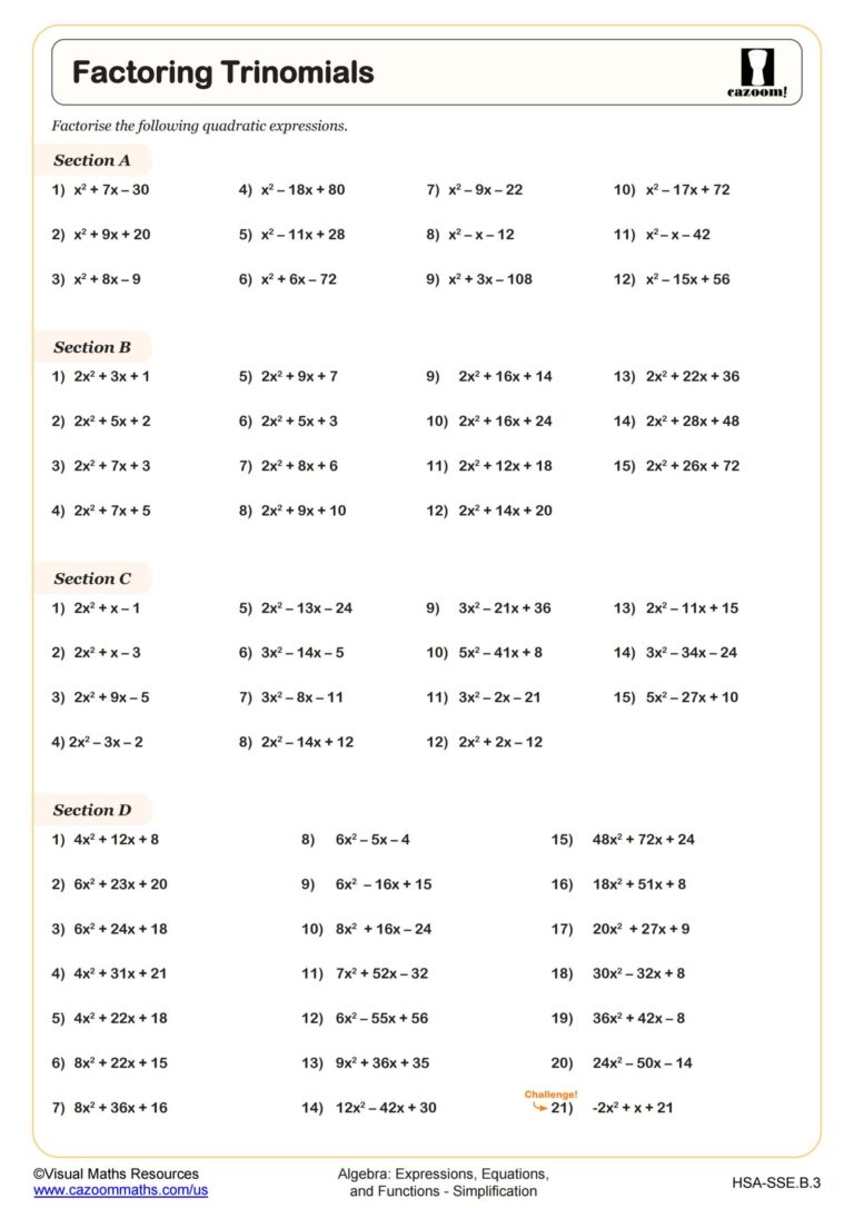 Factoring Trinomials Worksheet PDF Printable Algebra Worksheet