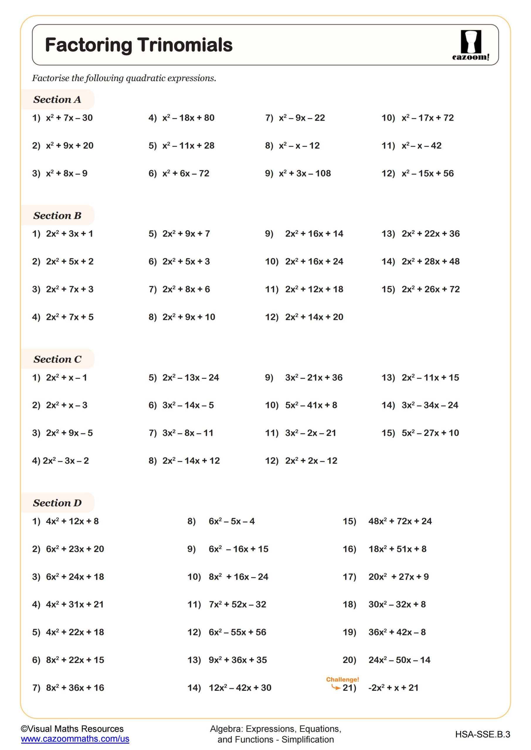 Factoring Trinomials Worksheet PDF Printable Algebra Worksheet