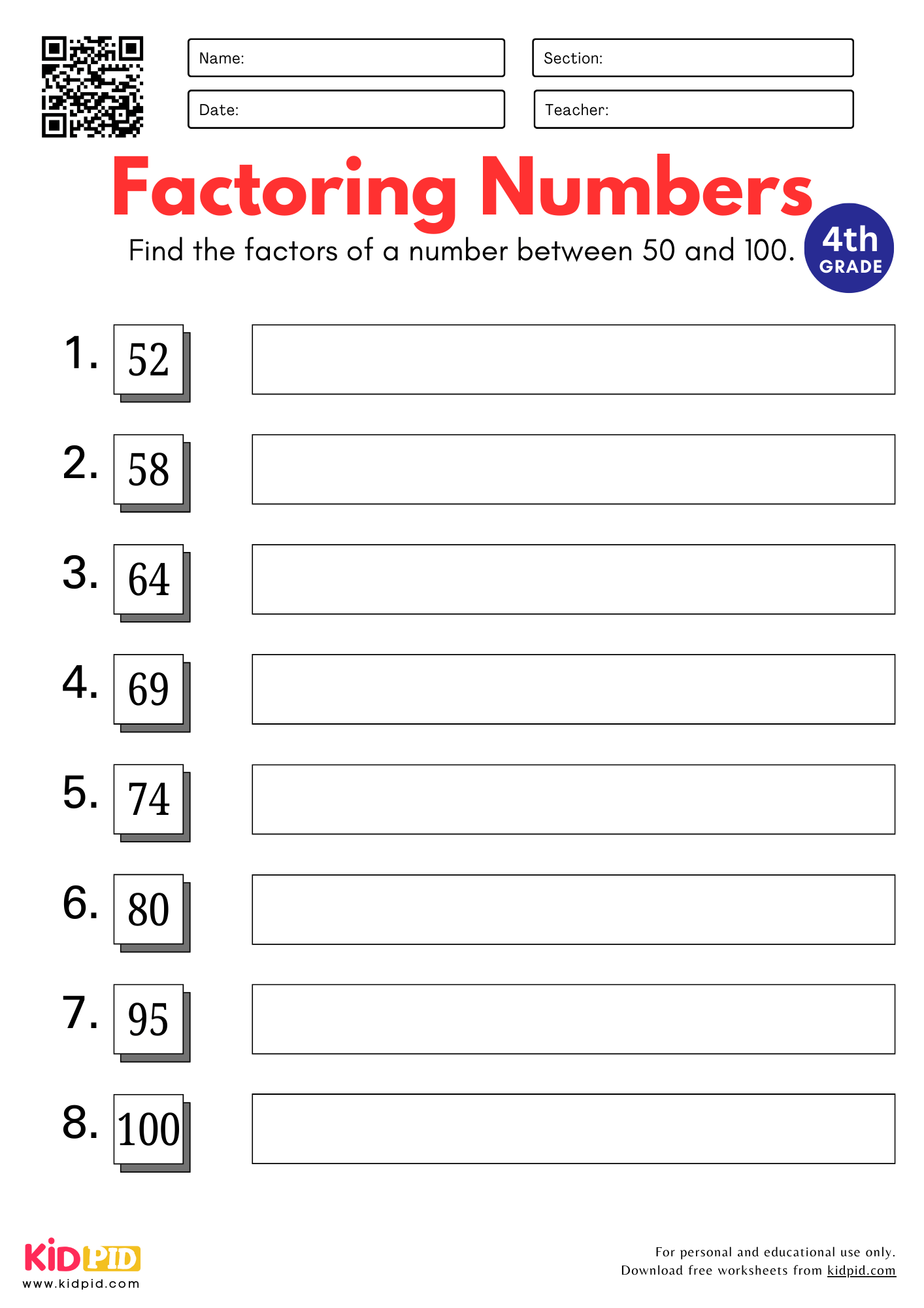 Factoring Worksheets For Grade 4 Kidpid