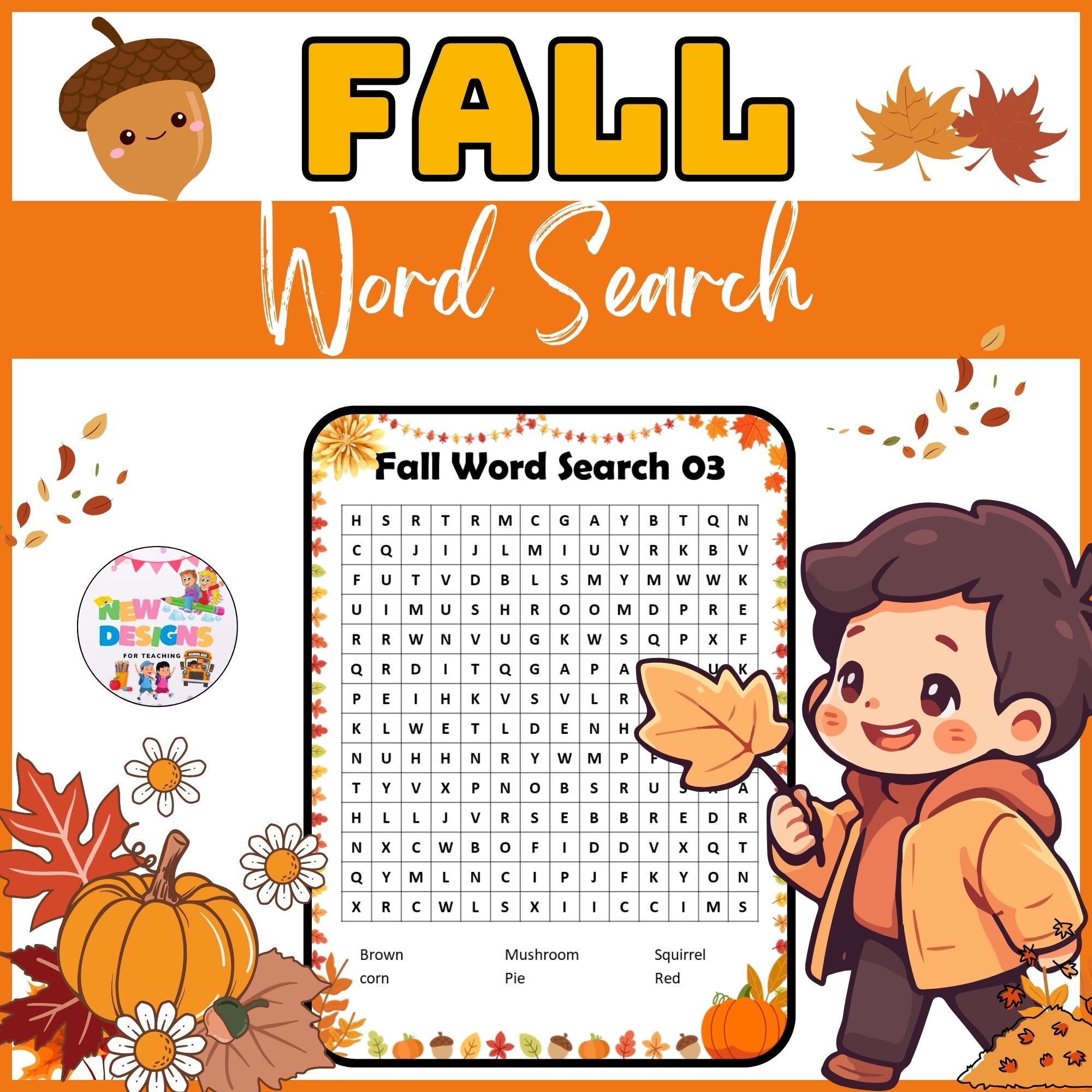 Fall Word Search Activity Autumn Puzzle Printable October 