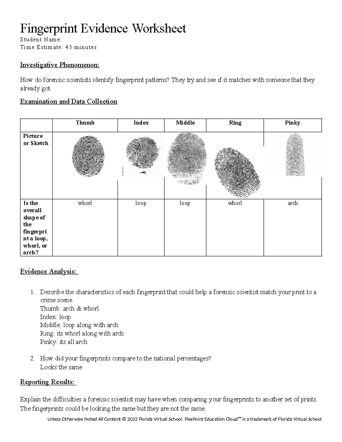 Fingerprint Evidence Worksheet Fingerprint Evidence Worksheet 