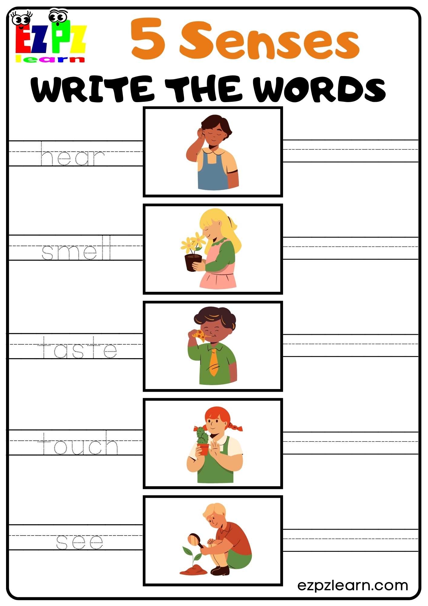 Five Senses Write The Word Worksheet For Kindergarten And ESL Students Free Download Ezpzlearn