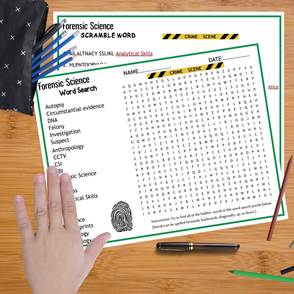 Forensic Science Worksheets Scramble Word Crossword Wordsearch Fingerpri