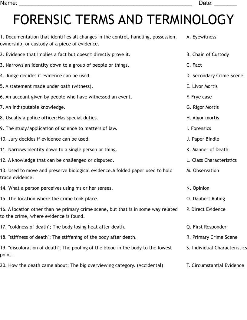 FORENSIC TERMS AND TERMINOLOGY Worksheet WordMint