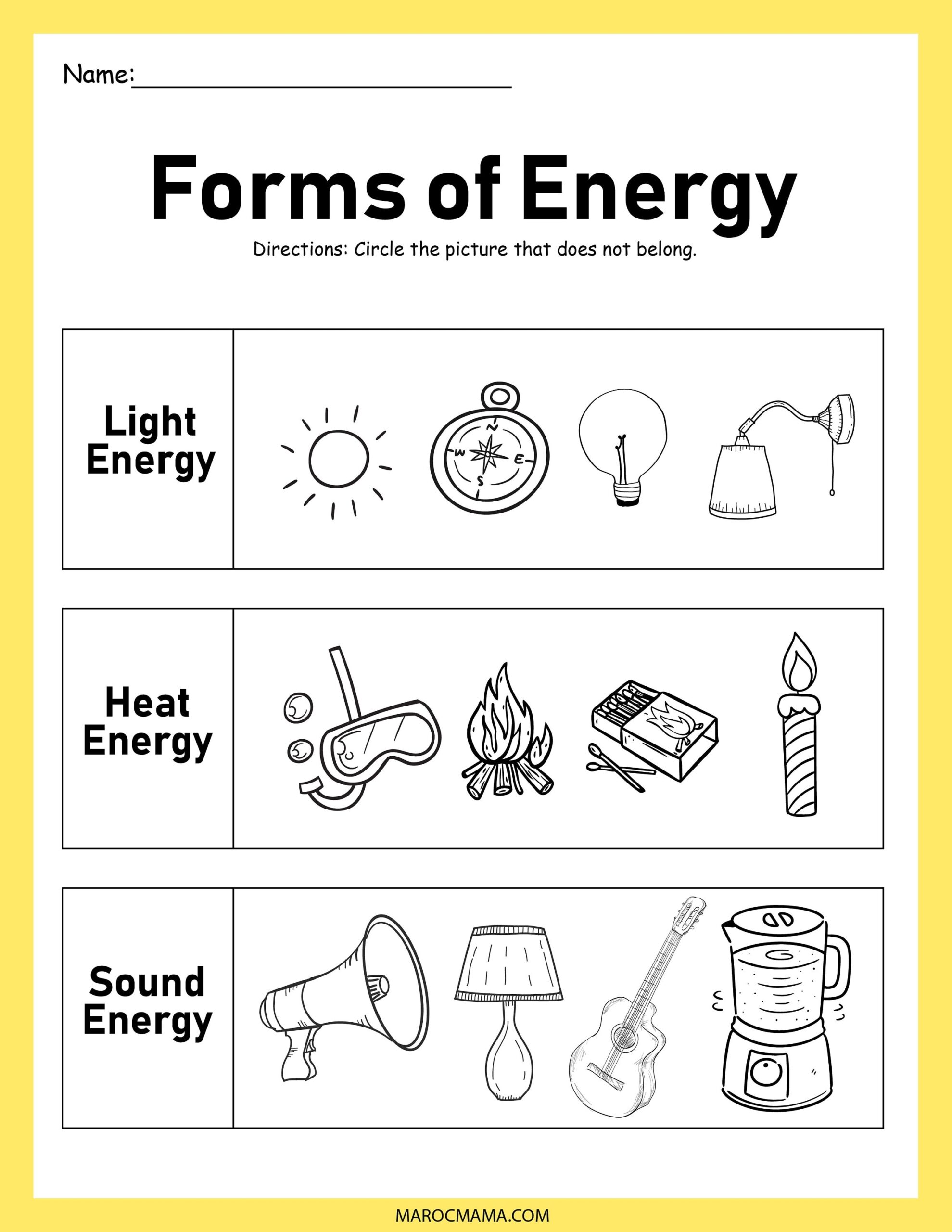 Forms Of Energy Light Energy Heat Energy Sound Energy Digital Worksheets Library