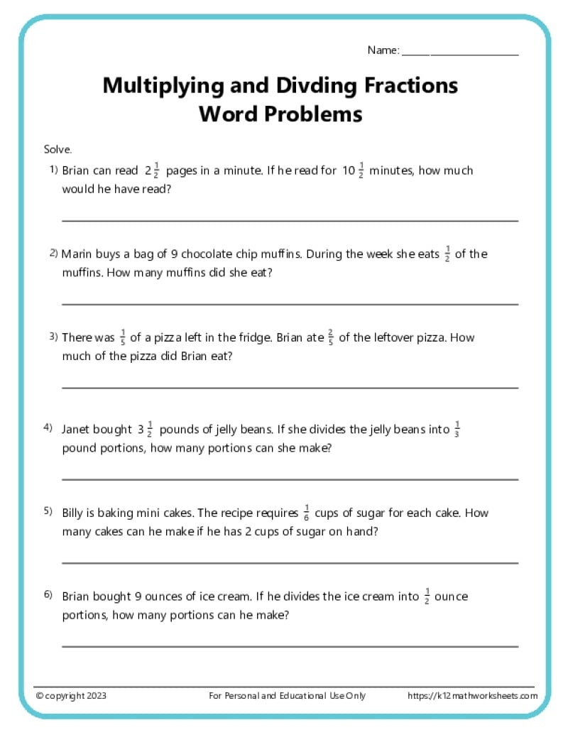 Fraction Word Problems Worksheets K12 Math Worksheets