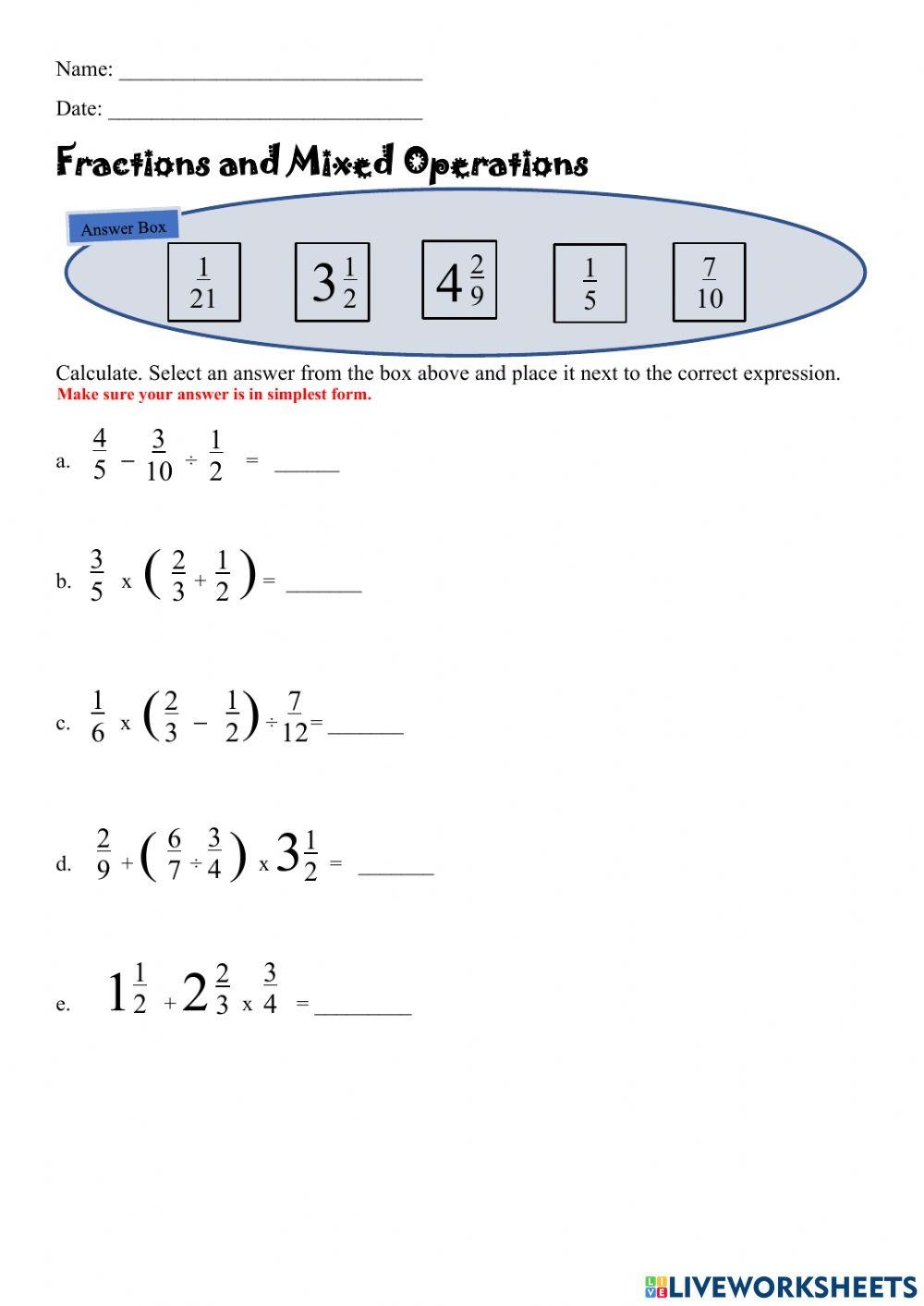 Free Printable Worksheets Fractions Mixed Operations