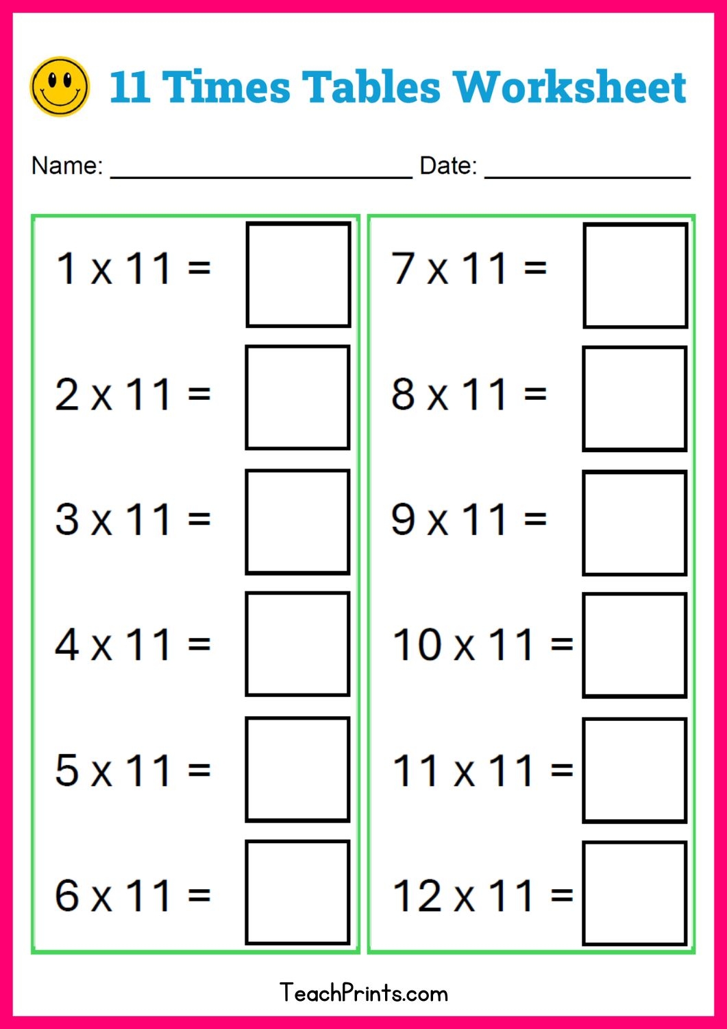 Free 11 Times Tables Worksheets 8 Versions Teach Prints