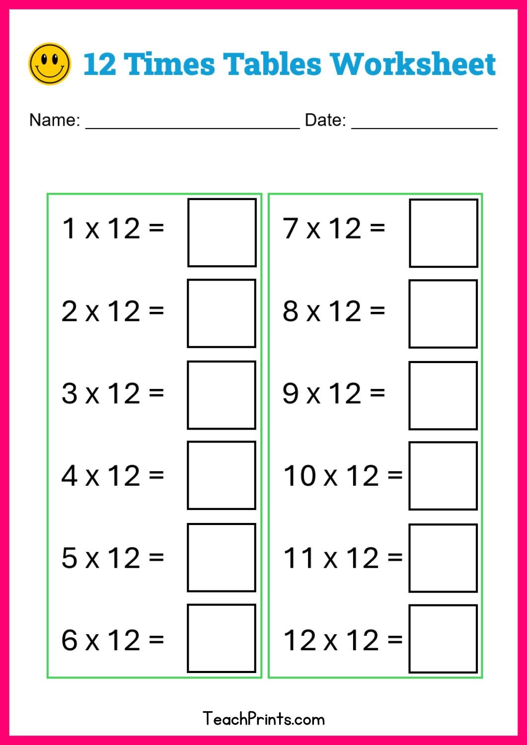 Free 12 Times Tables Worksheets 8 Versions Teach Prints