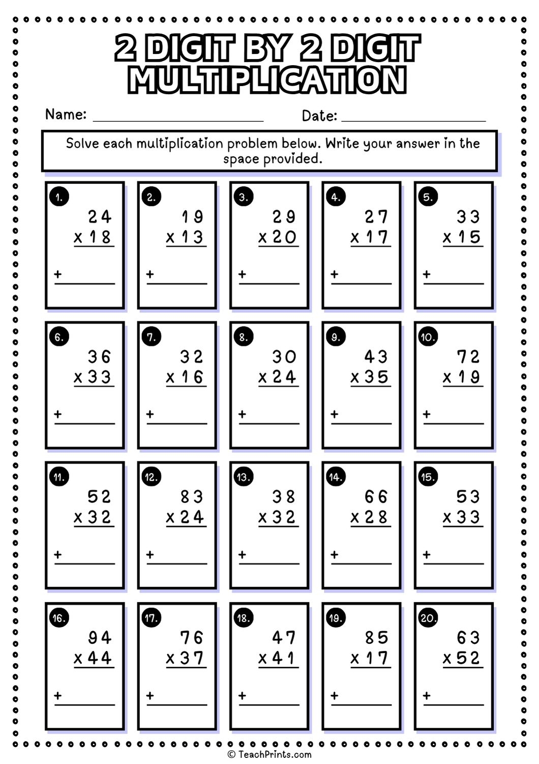 Free 2 Digit By 2 Digit Multiplication Worksheets Teach Prints Free 2 Digit By 2 Digit Multiplication Worksheets Teach Prints