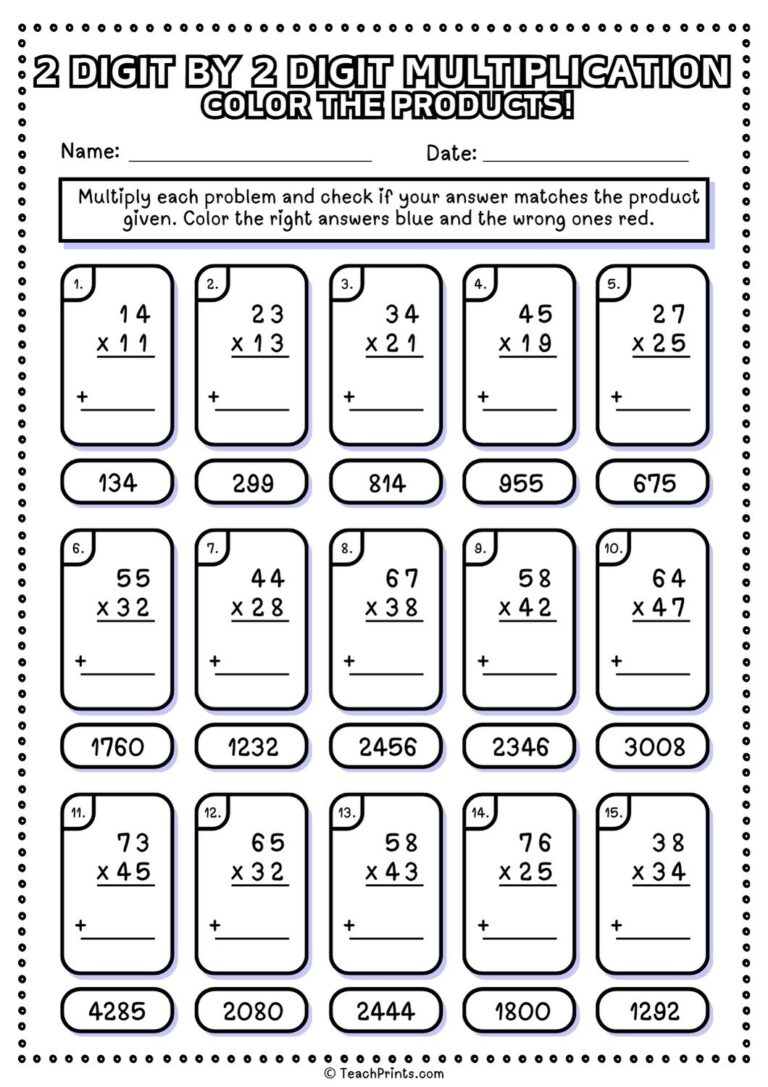 Free 2 Digit By 2 Digit Multiplication Worksheets Teach Prints