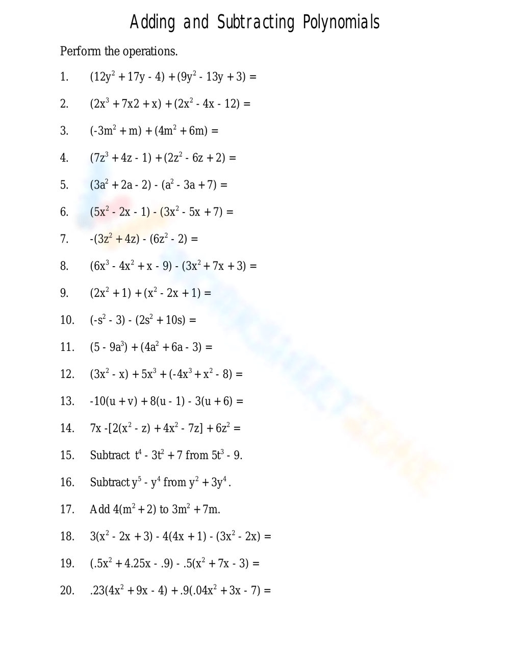 Free Adding And Subtracting Polynomials Worksheets Worksheets Free Adding And Subtracting Polynomials Worksheets Worksheets