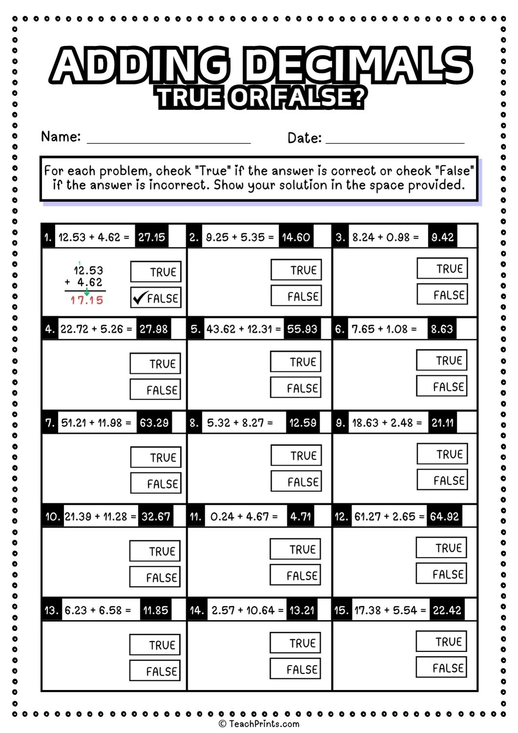 Free Adding Decimals Worksheets Teach Prints