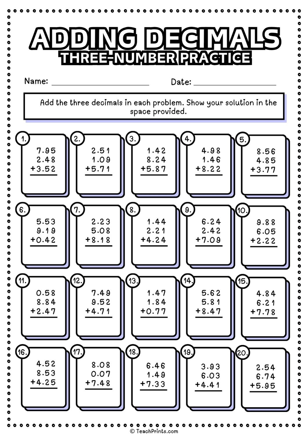 Free Printable Math Worksheets Adding Decimals